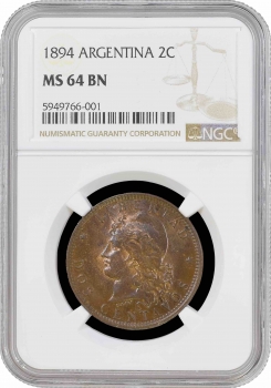 Аргентина 2 сентаво 1894 г., NGC MS64 BN, "Песо аргентинское (1881 - 1969)" Top Pop 2/0