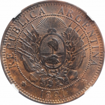 Аргентина 2 сентаво 1891 г., NGC MS64 BN, "Песо аргентинское (1881 - 1969)"