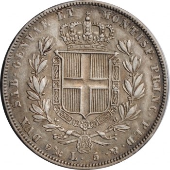 Сардиния 5 лир 1835 г. P, XF40, "Король Карл Альберт (1831 - 1849)"