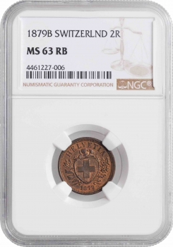 Швейцария 2 раппена 1879 г. B, NGC MS63 RB, "Швейцарская конфедерация (1850 - 1916)"