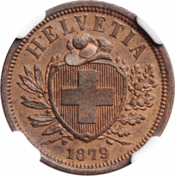 Швейцария 2 раппена 1879 г. B, NGC MS63 RB, "Швейцарская конфедерация (1850 - 1916)"