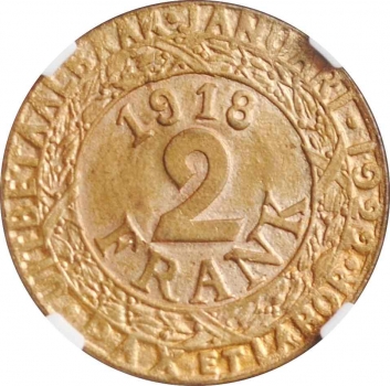 Бельгия 2 франка 1918 г., NGC MS64, "Германская оккупация города Гент (1915 - 1918)"