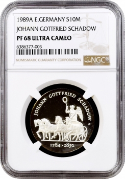 ГДР 10 марок 1989 г., NGC PF68 UC, "225 лет со дня рождения Иоганна Готфрида Шадова"