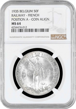 Бельгия 50 франков 1935 г. French - Pos. A, NGC MS64, "Брюссель Экспо и 100 лет железным дорогам"