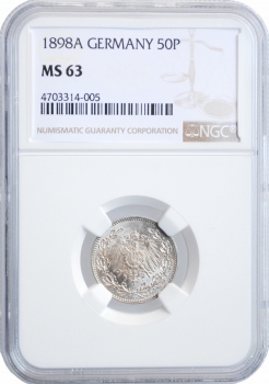 Германия 50 пфеннигов 1898 г. A, NGC MS63, "Германская Империя (1871 - 1922)"