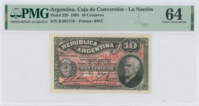 Аргентина 10 сентаво 1895 года, PMG 64, "Caja de Conversión - La Nación" P# 228