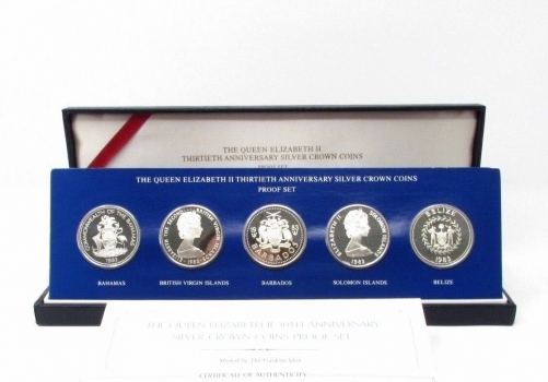 Британские территории набор 5, 10, 25 долларов 1983 г., PROOF, "30 лет коронации Королевы Елизаветы II"