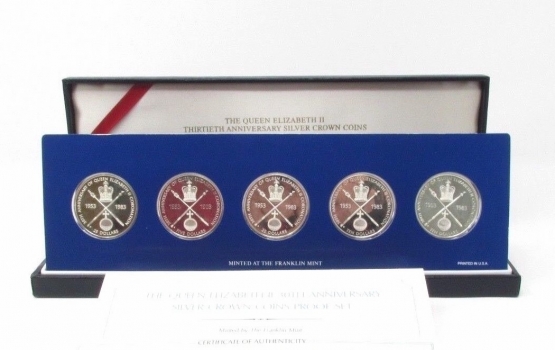 Британские территории набор 5, 10, 25 долларов 1983 г., PROOF, "30 лет коронации Королевы Елизаветы II"