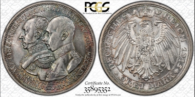 Мекленбург-Шверин 3 марки 1915 г., PCGS MS64+, '100 лет Великому Герцогству'