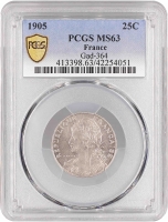 Франция 25 сантимов 1905 г., PCGS MS63, "Третья Республика (1870 - 1941)"