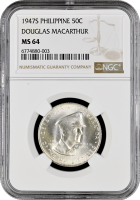 Филиппины 50 сентаво 1947 г. S, NGC MS64, "Генерал Дуглас Макартур"
