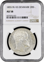 Дания 2 ригсдалера 1855 г. VS, NGC AU58, "Король Фредерик VII (1848 - 1863)"