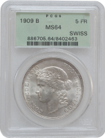 Швейцария 5 франков 1909 г. B., PCGS MS64, "Швейцарская Конфедерация (1850 - 1916)"