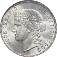 Швейцария 5 франков 1909 г. B., PCGS MS64, "Швейцарская Конфедерация (1850 - 1916)"