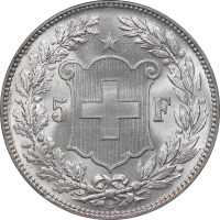 Швейцария 5 франков 1909 г. B., PCGS MS64, "Швейцарская Конфедерация (1850 - 1916)"
