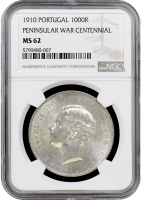 Португалия 1000 рейсов 1910 г., NGC MS62, "100 лет Пиренейской войне"