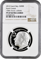 Чехия 200 крон 2012 г., NGC PF69 UC, "100 лет со дня рождения Камила Лготака" Top Pop