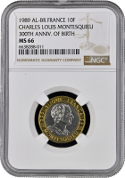 Франция 10 франков 1989 г., NGC MS66, "300 лет со дня рождения Шарля Луи де Монтескьё"