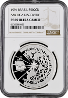 Бразилия 500 крузейро 1991 г., NGC PF69 UC, "Иберо-Америка - Встреча двух миров" Top Pop