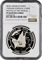 Португалия 1000 эскудо 1992 г., NGC PF68 UC, "Иберо-Америка - Встреча двух миров"