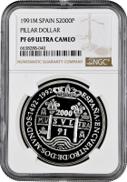 Испания 2000 песет 1991 г., NGC PF69 UC, "Иберо-Америка - Встреча двух миров"