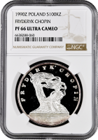 Польша 100000 злотых 1990 г., NGC PF66 UC, "180 лет со дня рождения Фредерика Шопена"