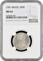 Бразилия 200 рейсов 1901 г., NGC MS63, "Первая Республика (1889 - 1942)"
