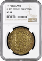Бельгия 5 франков 1917 г., NGC MS65, "Германская оккупация города Гент (1915 - 1918)" Top Pop