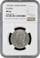 Бельгийское Конго 1 франк 1926 г., NGC MS66 FLEMISH, "Колония Бельгии (1909 - 1949)" Top Pop
