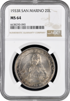 Сан-Марино 20 лир 1933 г. R, NGC MS64, "Республика Сан-Марино (1864 - 1938)"