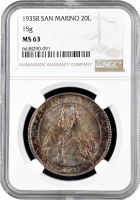 Сан-Марино 20 лир 1935 г. R, NGC MS63, "Республика Сан-Марино (1864 - 1938)"