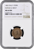 Неаполь и Сицилия 1 торнезе 1852 г., NGC MS64 BN, "Король Фердинанд ІІ (1830 - 1859)"