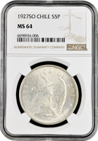 Чили 5 песо 1927 г. So, NGC MS64, "Республика Чили (1899 - 1968)"