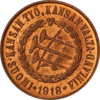 Финляндия 5 пенни 1918 г., PCGS MS64 RB, "Гражданская война - Трубы на аверсе"