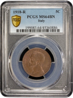 Италия 5 чентезимо 1918 г. R, PCGS MS64 BN, "Король Виктор Эммануил III (1900 - 1946)"