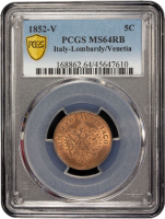 Ломбардия-Венеция 5 чентезимо 1852 г. V, PCGS MS64 RB, "Король Франц Иосиф I (1848 - 1866)"
