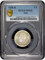 Италия 5 лир 1930 г. R, PCGS MS64, "Король Виктор Эммануил III (1900 - 1946)"