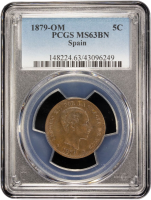 Испания 5 сентимо 1879 г. OM, PCGS MS63 BN, "Король Альфонсо XII (1874 - 1885)"