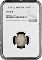 Испания 50 сентимо 1900 г. SMV, NGC MS65, "Король Альфонсо XIII (1886 - 1931)"