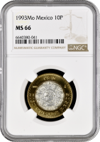 Мексика 10 песо 1993 г. M, NGC MS66, "Мексиканские Соединённые Штаты (1992 - 2023)"