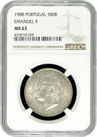 Португалия 500 рейсов 1908 г., NGC MS63, "Король Мануэл II (1908 - 1910)"