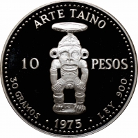 Доминикана 10 песо 1975 г., PROOF, "Первая добыча серебра на шахте Пуэбло Вьеха"