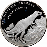 Лаос 50 кипов 1995 г., PROOF, "Доисторические животные - Мегалозавр"