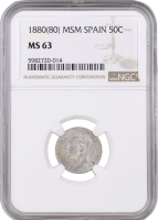 Испания 50 сентимо 1880 г. MS-M, NGC MS63, "Король Альфонсо XII (1874 - 1885)"