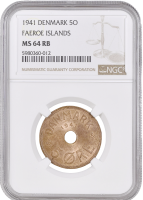 Фарерские острова 5 эре 1941 г., NGC MS64 RB, "Король Кристиан X (1941 - 1941)"