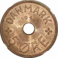 Фарерские острова 5 эре 1941 г., NGC MS64 RB, "Король Кристиан X (1941 - 1941)"