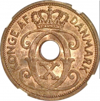 Фарерские острова 5 эре 1941 г., NGC MS64 RB, "Король Кристиан X (1941 - 1941)"
