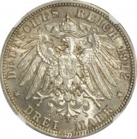 Бавария 3 марки 1912 г., NGC MS63, "Король Отто I (1886 - 1913)"