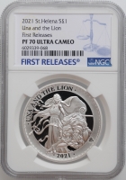 Остров Святой Елены 1 фунт 2021 г., NGC PF70 UC, "Уна и Лев"