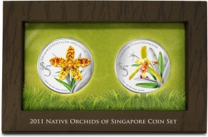 Сингапур набор 5 долларов 2011 г., PROOF, "Орхидеи - Grammatophyllum Speciosum, Cymbidium Finlayson"